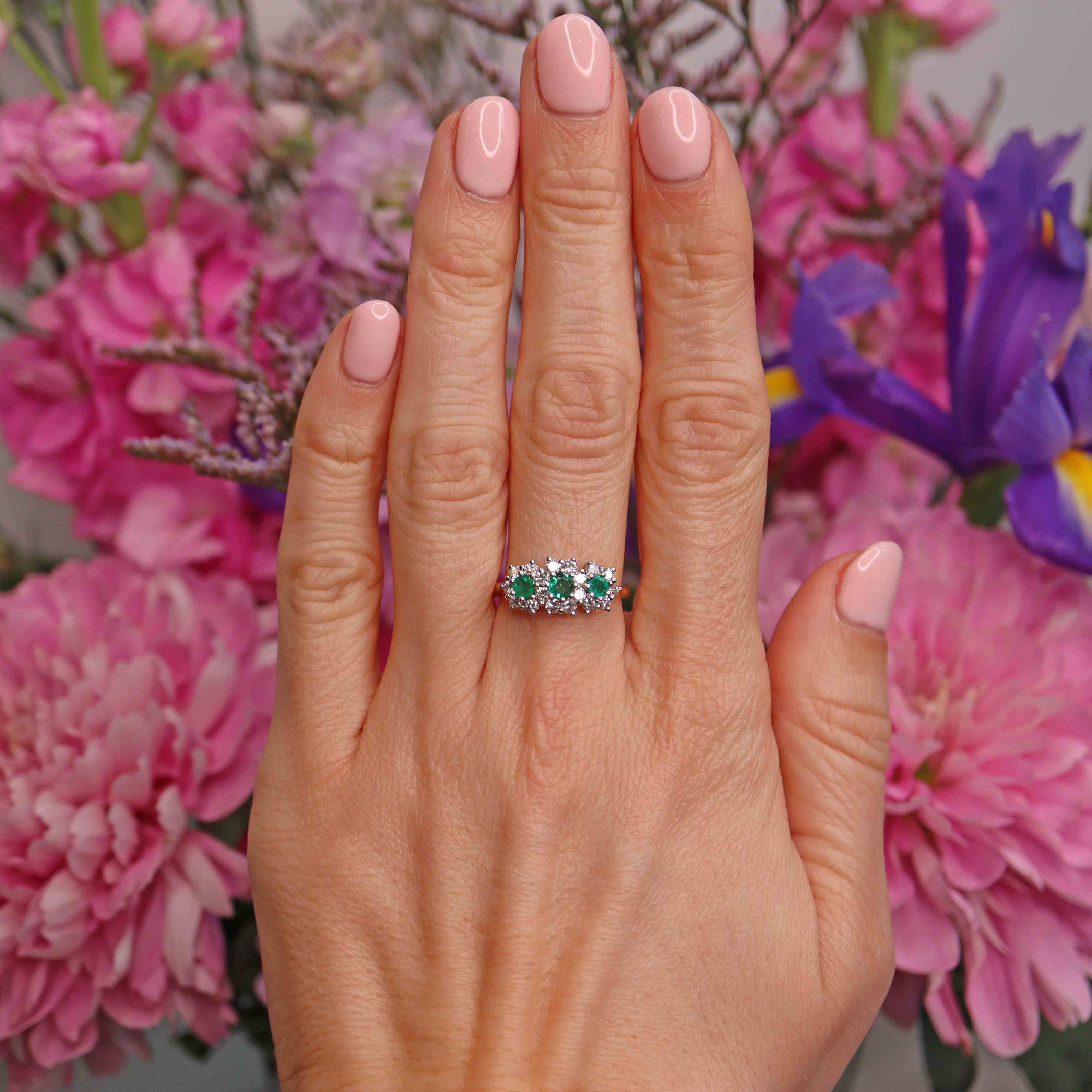 Ellibelle Jewellery Vintage 1981 Emerald & Diamond 18ct Gold Triple-Cluster Ring