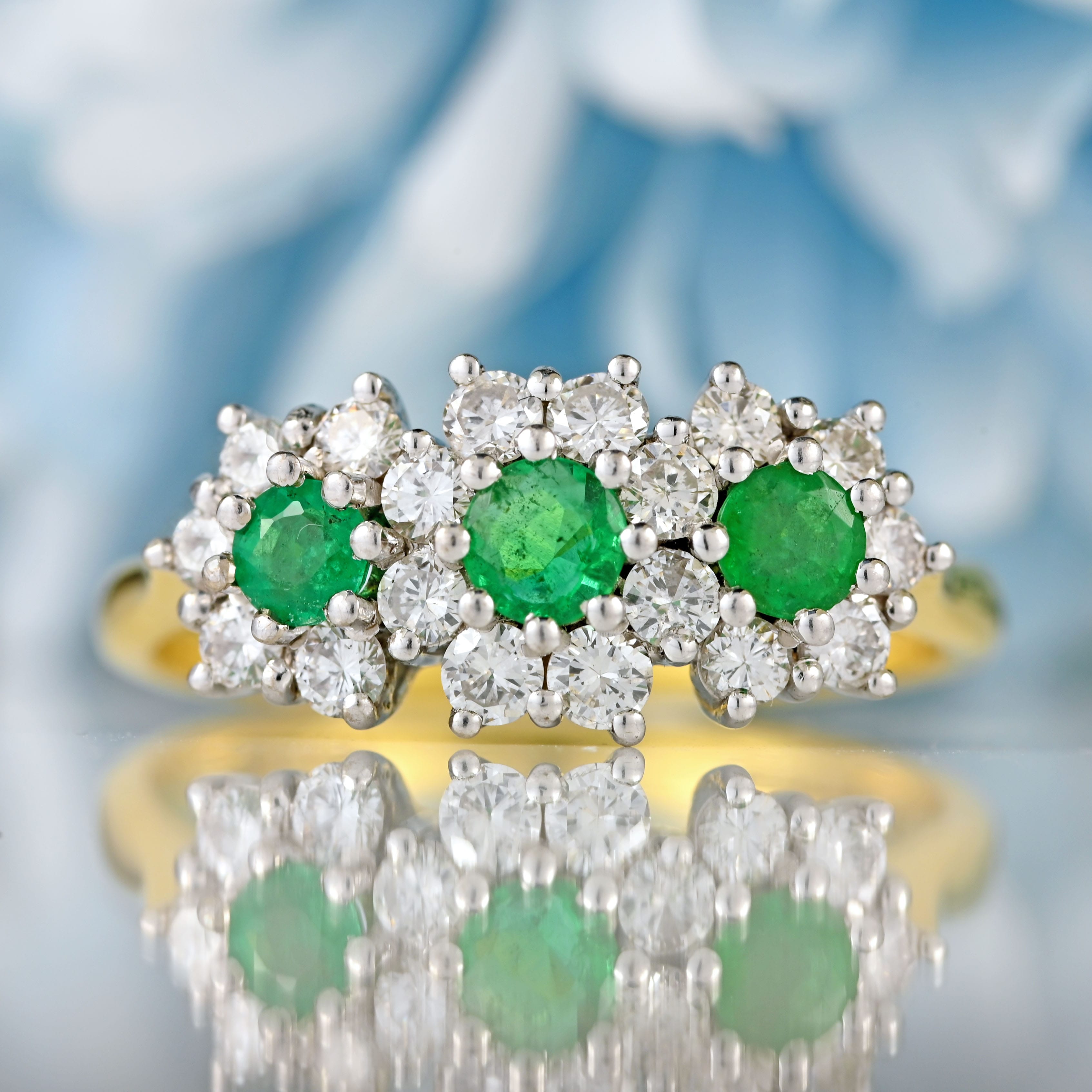 Ellibelle Jewellery Vintage 1981 Emerald & Diamond 18ct Gold Triple-Cluster Ring