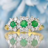 Ellibelle Jewellery Vintage 1981 Emerald & Diamond 18ct Gold Triple-Cluster Ring