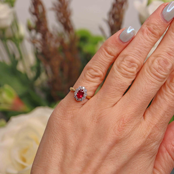 Ellibelle Jewellery Vintage 1981 Ruby & Diamond 18ct Gold Cluster Ring