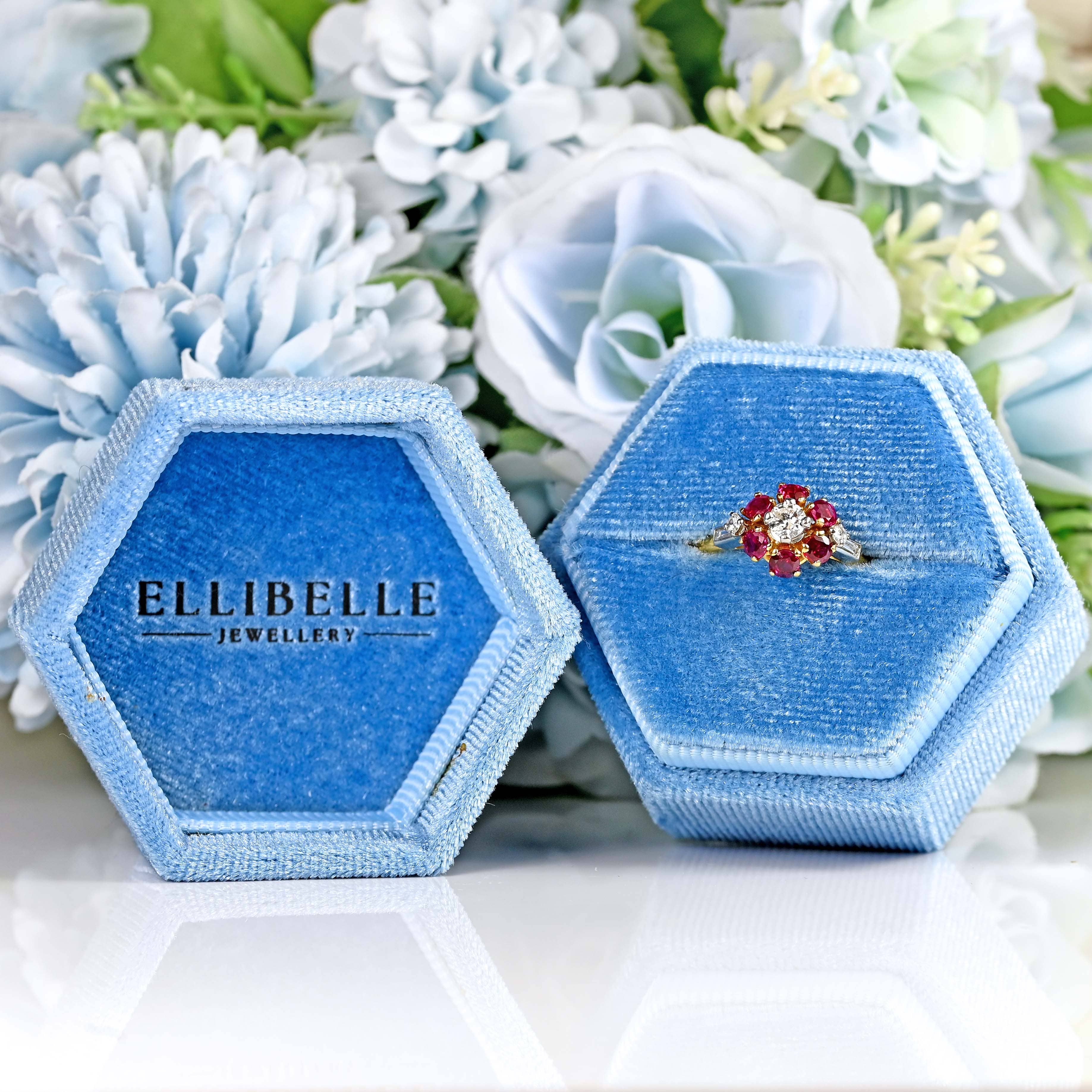 Ellibelle Jewellery Vintage 1981 Ruby & Diamond 18ct Gold Cluster Ring