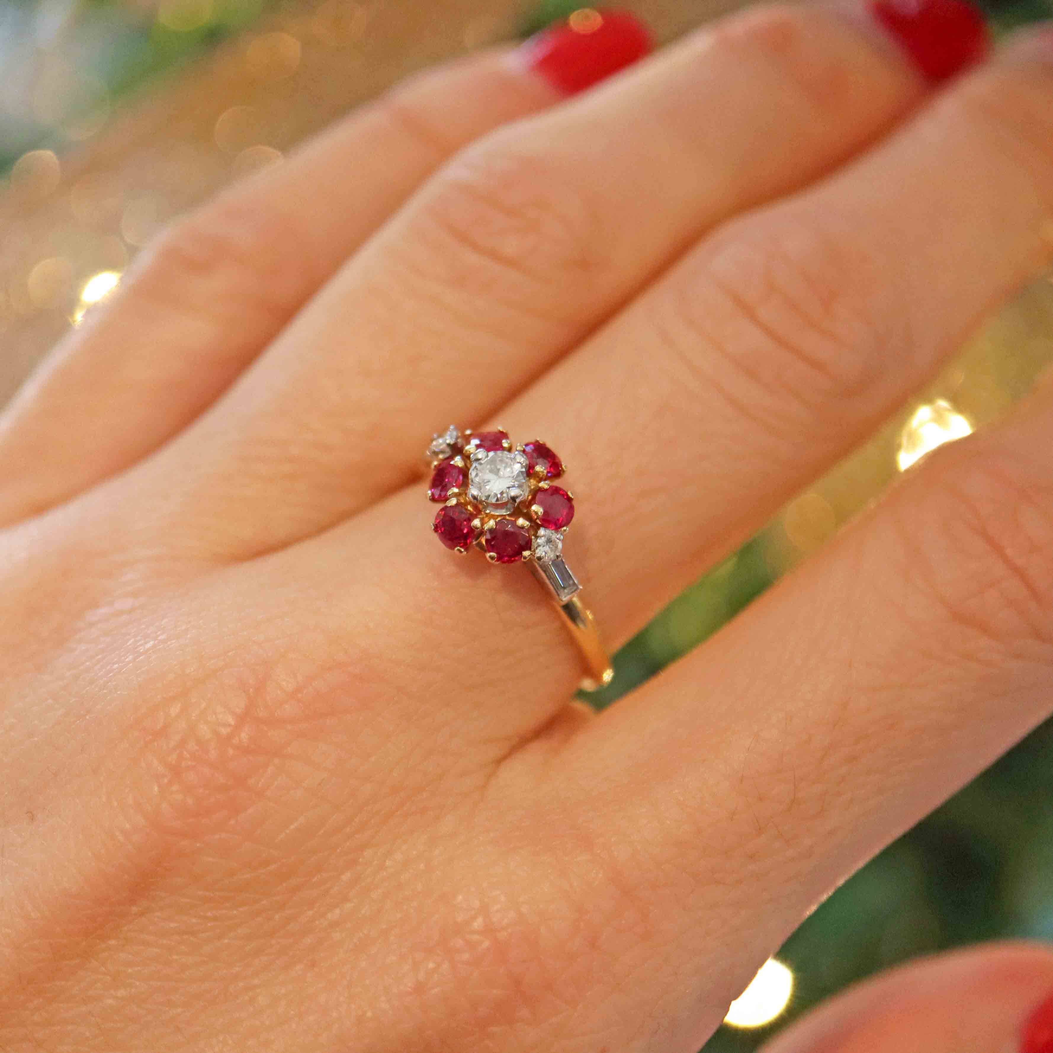 Ellibelle Jewellery Vintage 1981 Ruby & Diamond 18ct Gold Cluster Ring