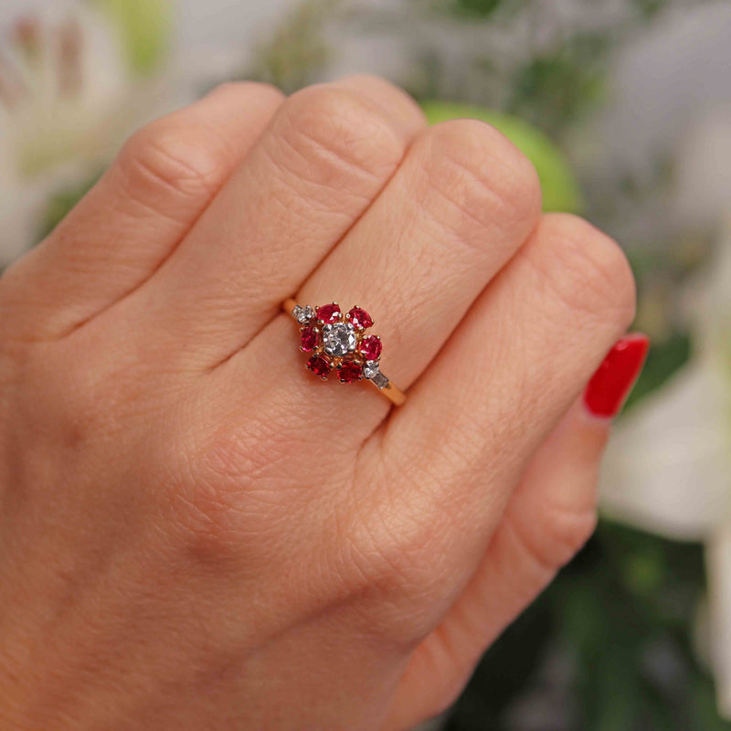 Ellibelle Jewellery Vintage 1981 Ruby & Diamond 18ct Gold Cluster Ring