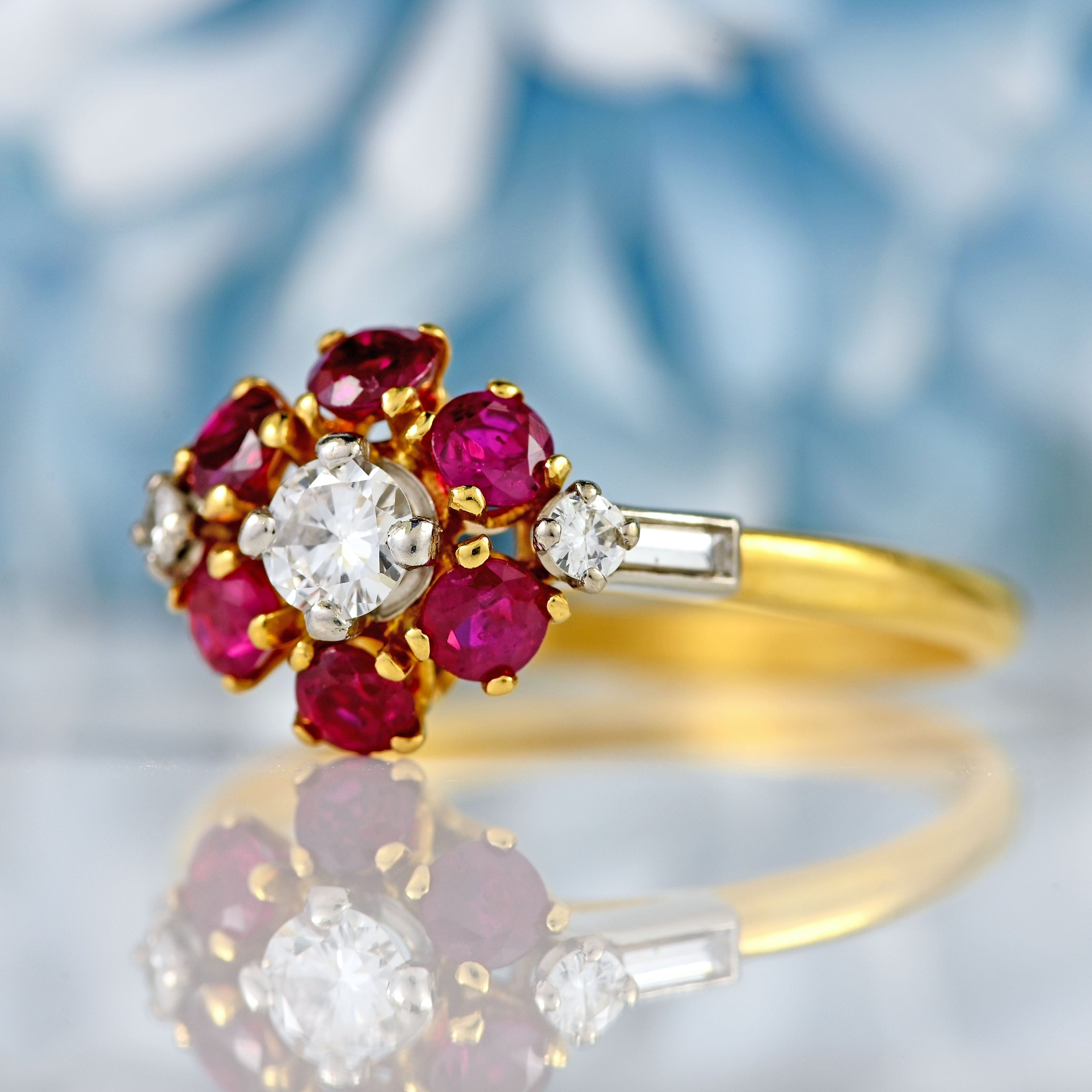 Ellibelle Jewellery Vintage 1981 Ruby & Diamond 18ct Gold Cluster Ring