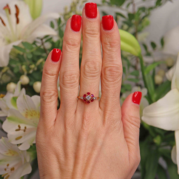 Ellibelle Jewellery Vintage 1981 Ruby & Diamond 18ct Gold Cluster Ring