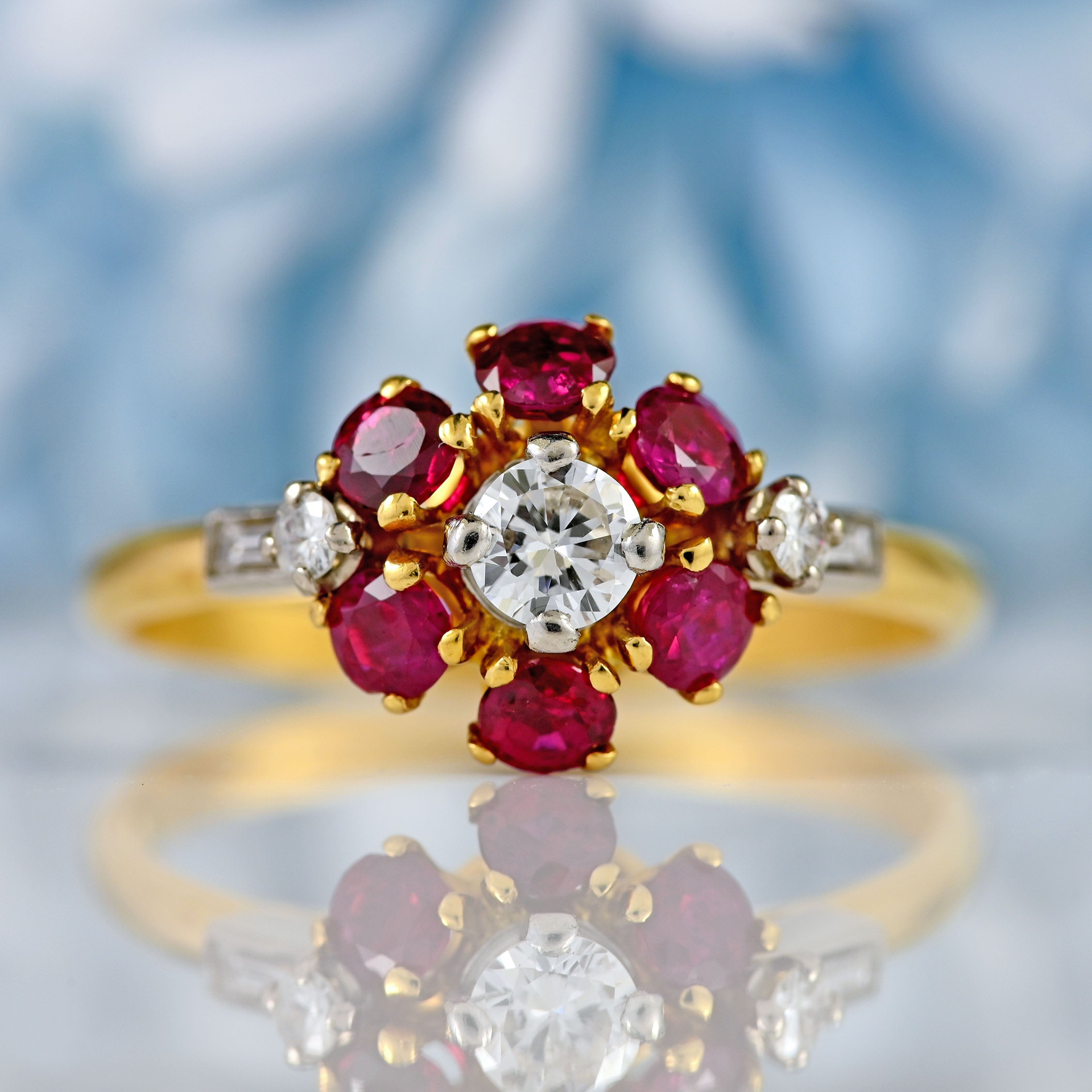 Ellibelle Jewellery Vintage 1981 Ruby & Diamond 18ct Gold Cluster Ring