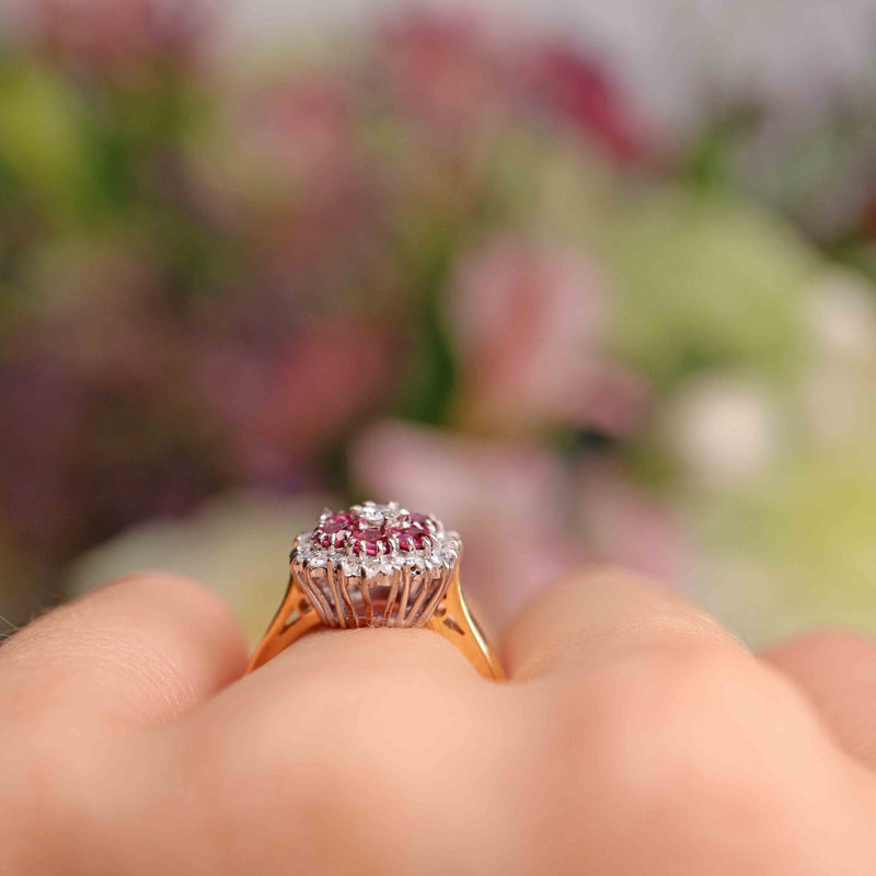 Ellibelle Jewellery Vintage 1981 Ruby & Diamond 18ct Gold Cluster Ring