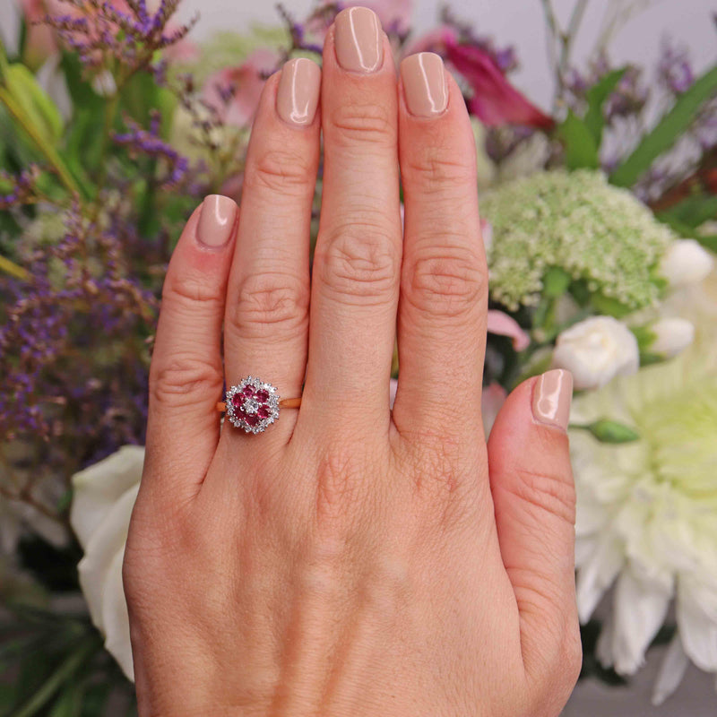 Ellibelle Jewellery Vintage 1981 Ruby & Diamond 18ct Gold Cluster Ring