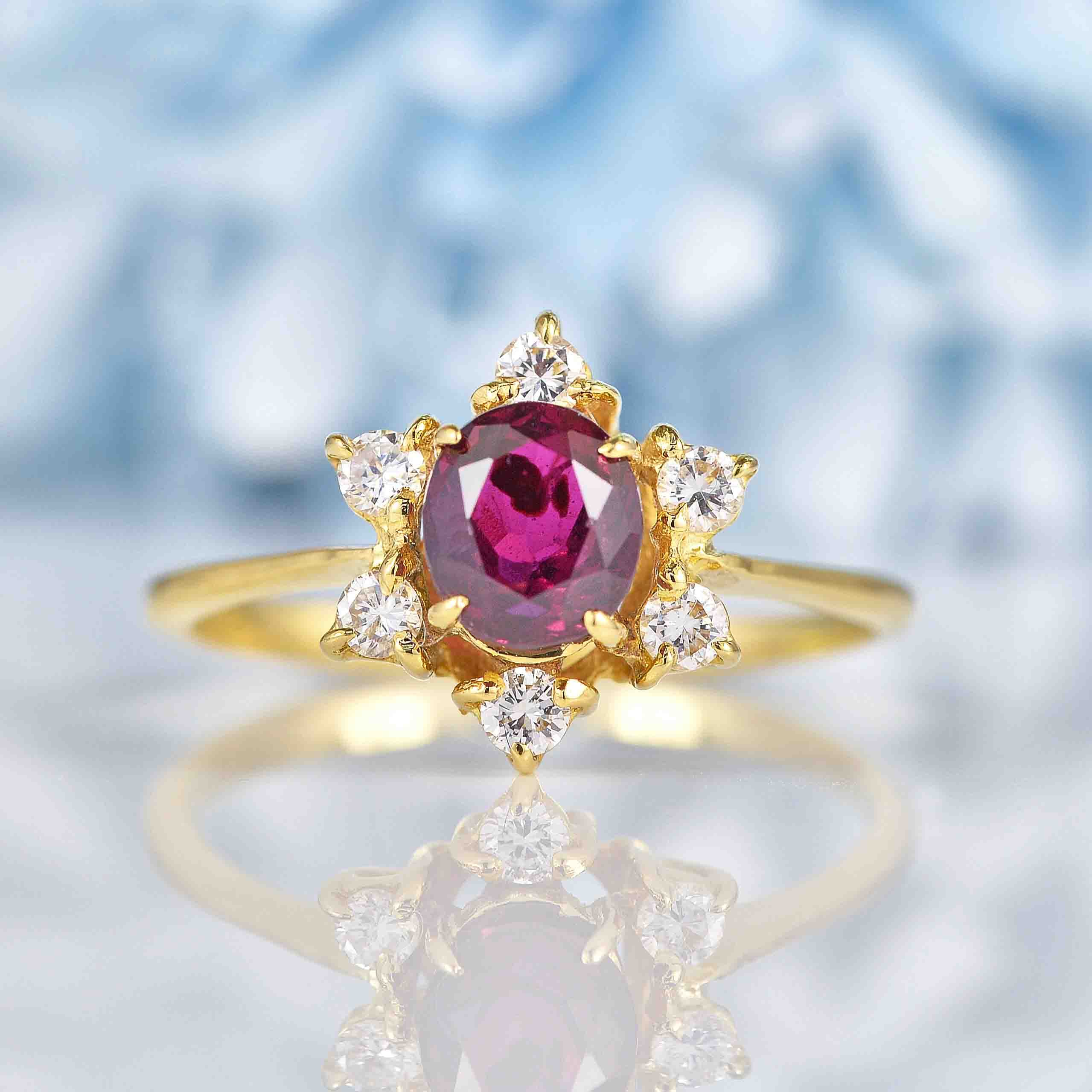 Ellibelle Jewellery Vintage 1981 Ruby & Diamond 18ct Gold Star-Cluster Ring