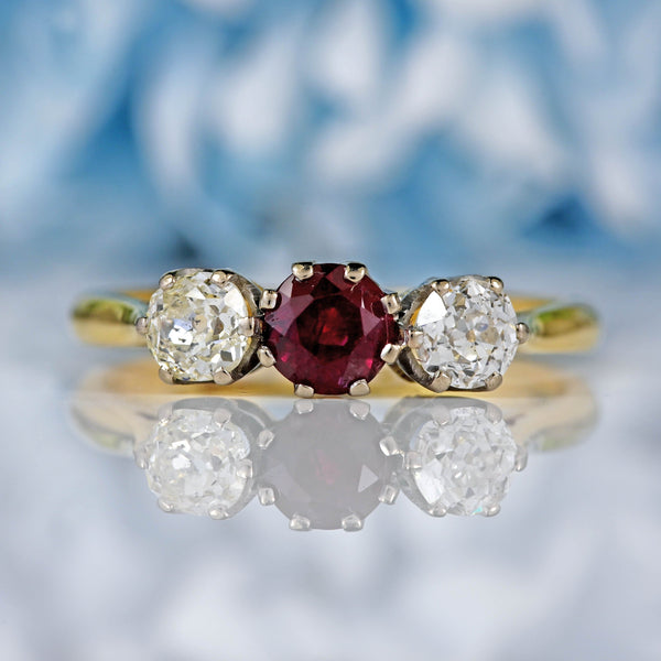 Ellibelle Jewellery Vintage 1981 Ruby & Old-Cut Diamond 18ct Gold Three-Stone Ring