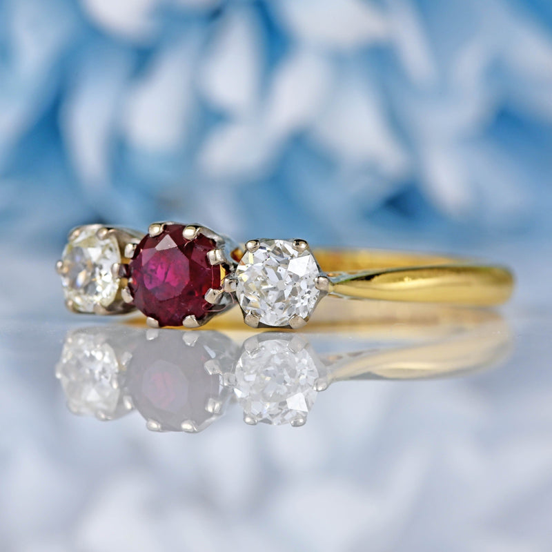 Ellibelle Jewellery Vintage 1981 Ruby & Old-Cut Diamond 18ct Gold Three-Stone Ring