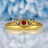 Ellibelle Jewellery Vintage 1981 Ruby & Old-Cut Diamond 18ct Gold Three-Stone Ring