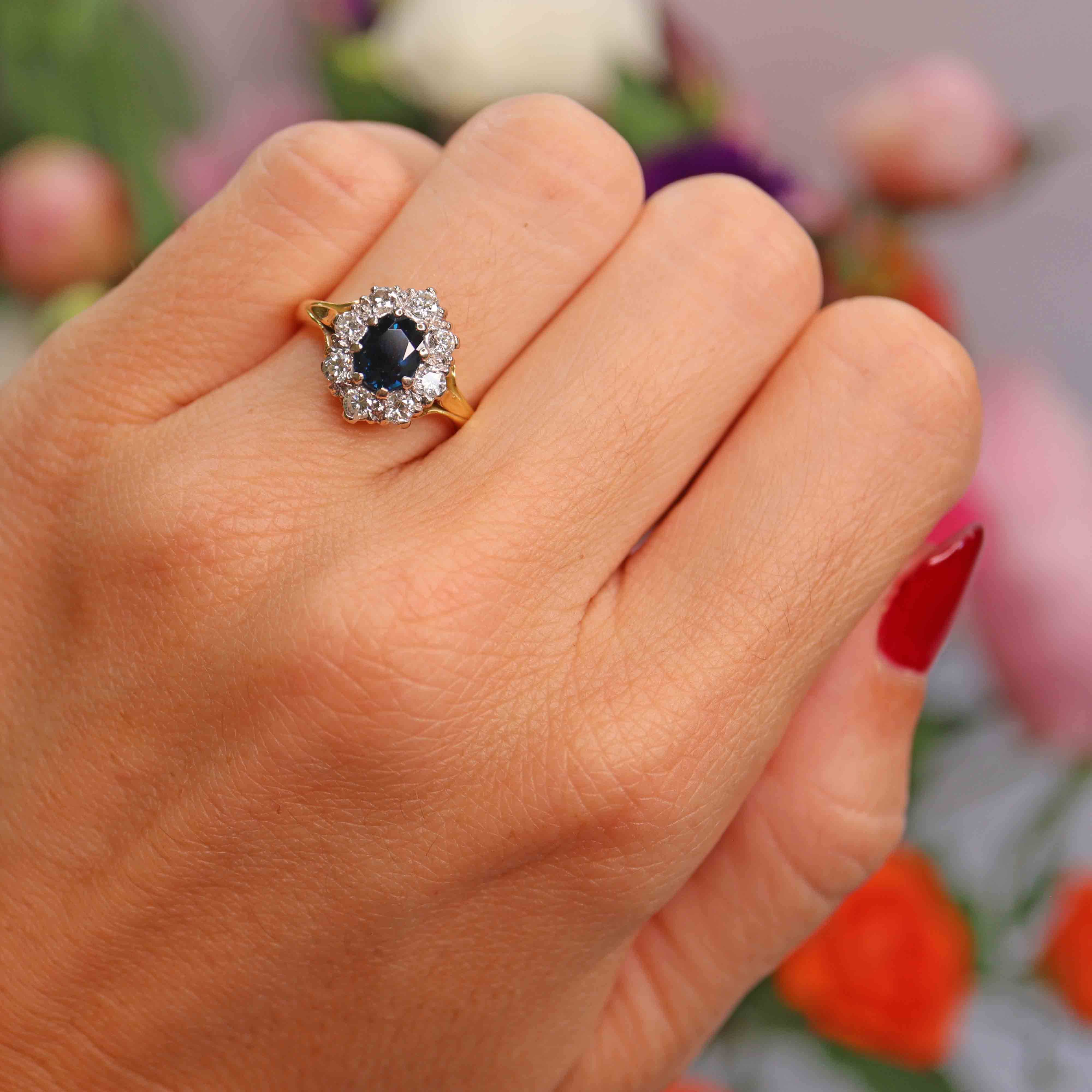 Ellibelle Jewellery Vintage 1981 Sapphire & Diamond 18ct Gold Oval Cluster Ring