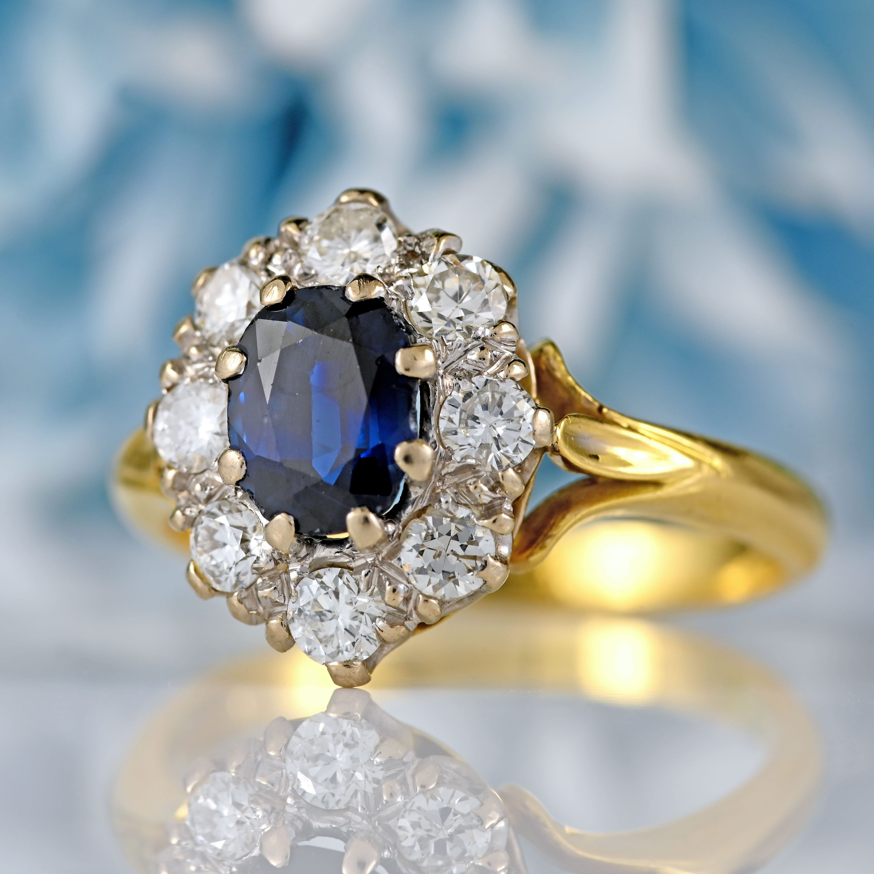 Ellibelle Jewellery Vintage 1981 Sapphire & Diamond 18ct Gold Oval Cluster Ring