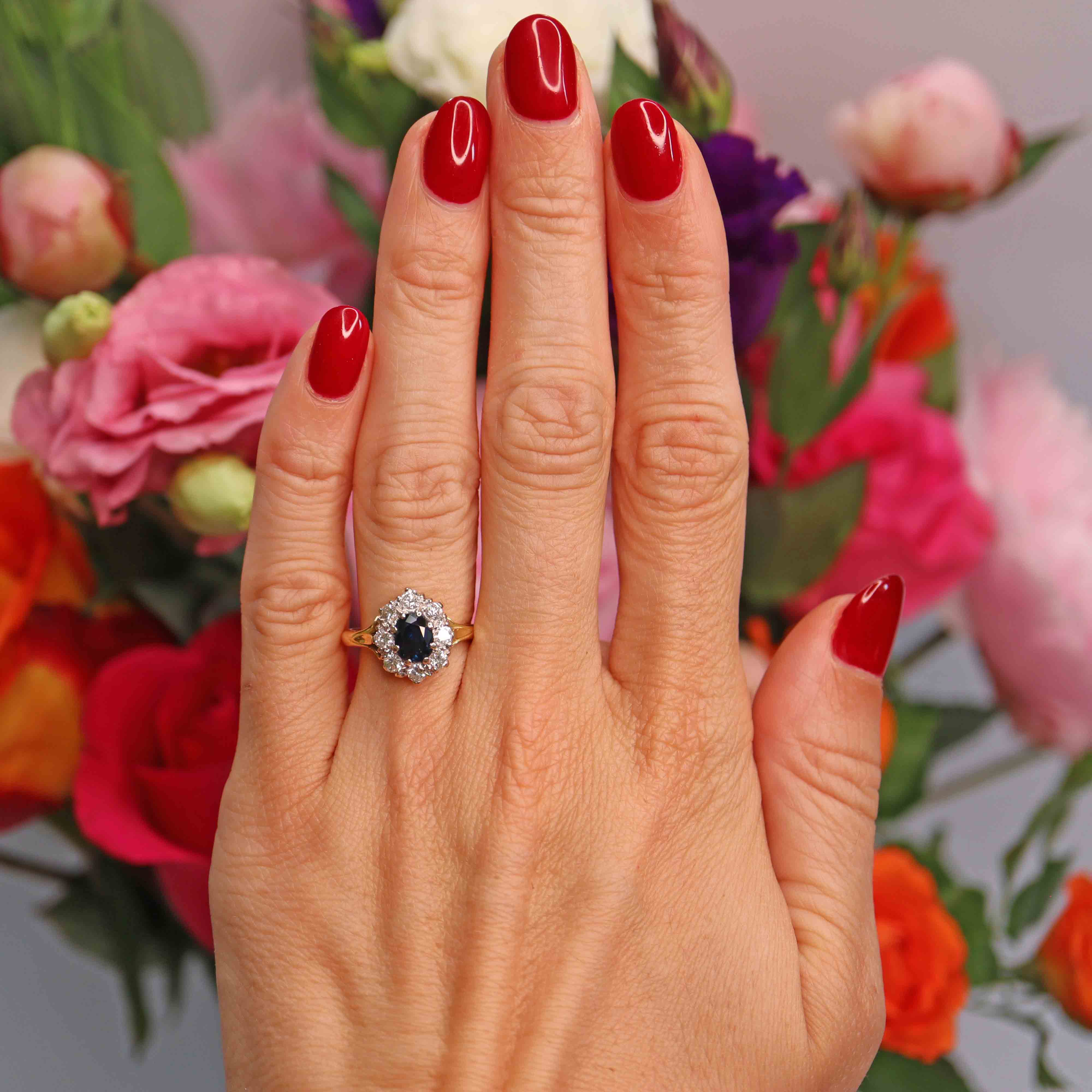 Ellibelle Jewellery Vintage 1981 Sapphire & Diamond 18ct Gold Oval Cluster Ring