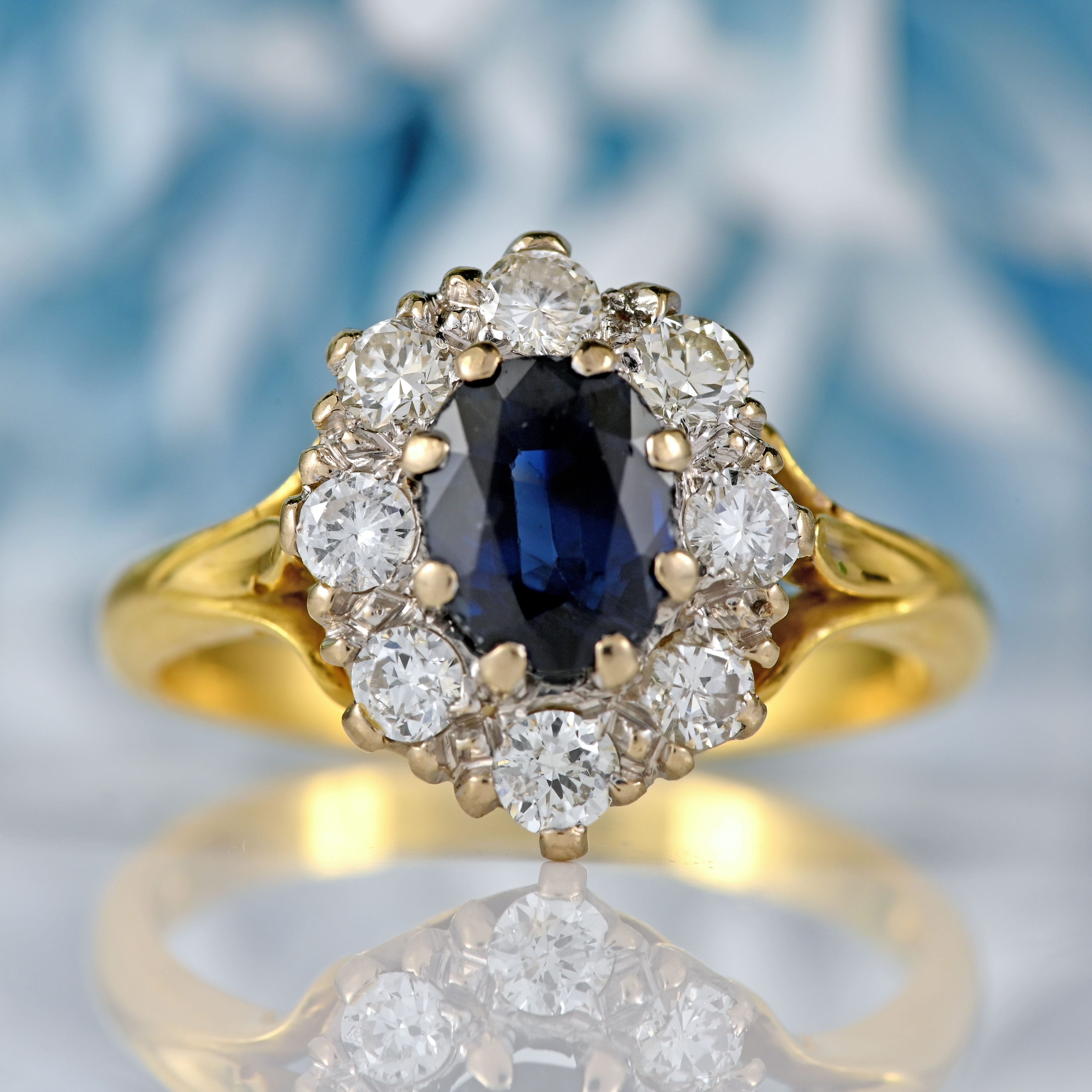 Ellibelle Jewellery Vintage 1981 Sapphire & Diamond 18ct Gold Oval Cluster Ring