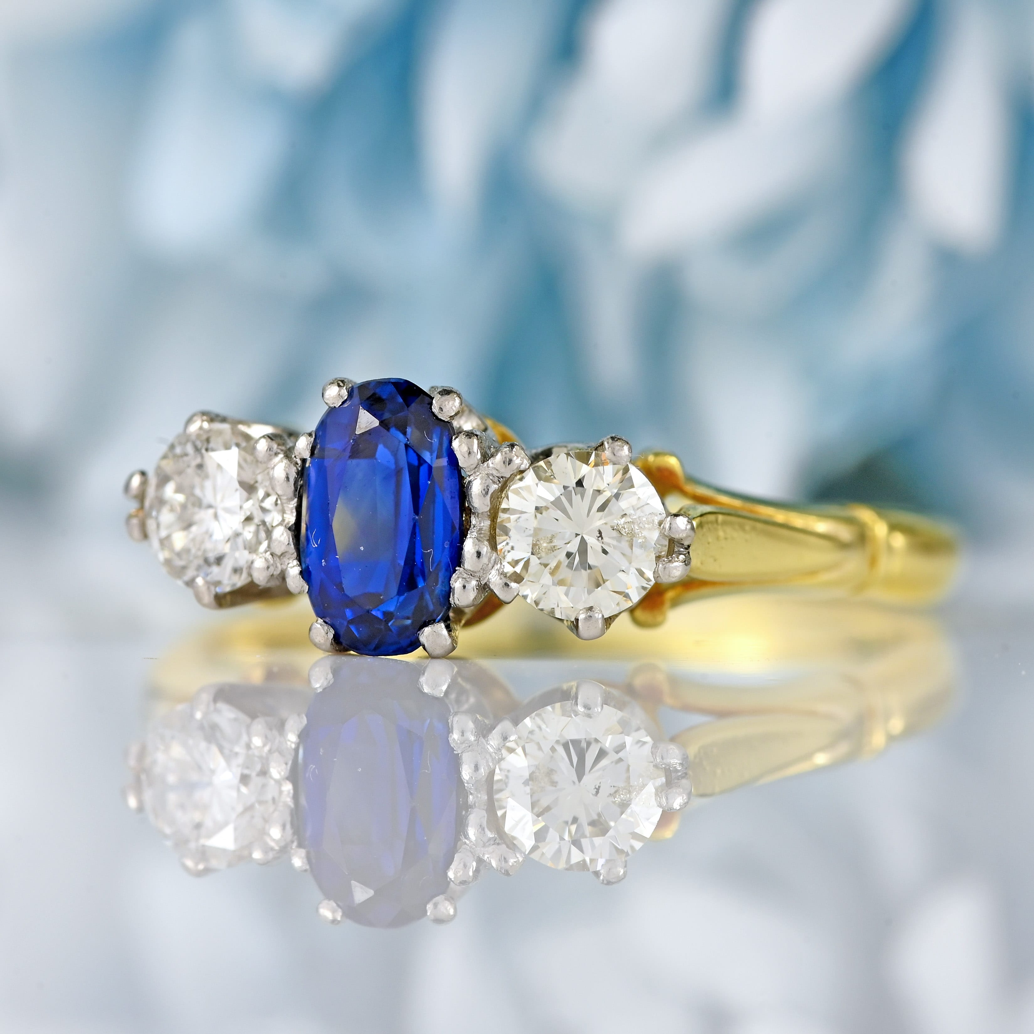 Ellibelle Jewellery Vintage 1981 Sapphire & Diamond 18ct Gold Three-Stone Ring (0.70cts)