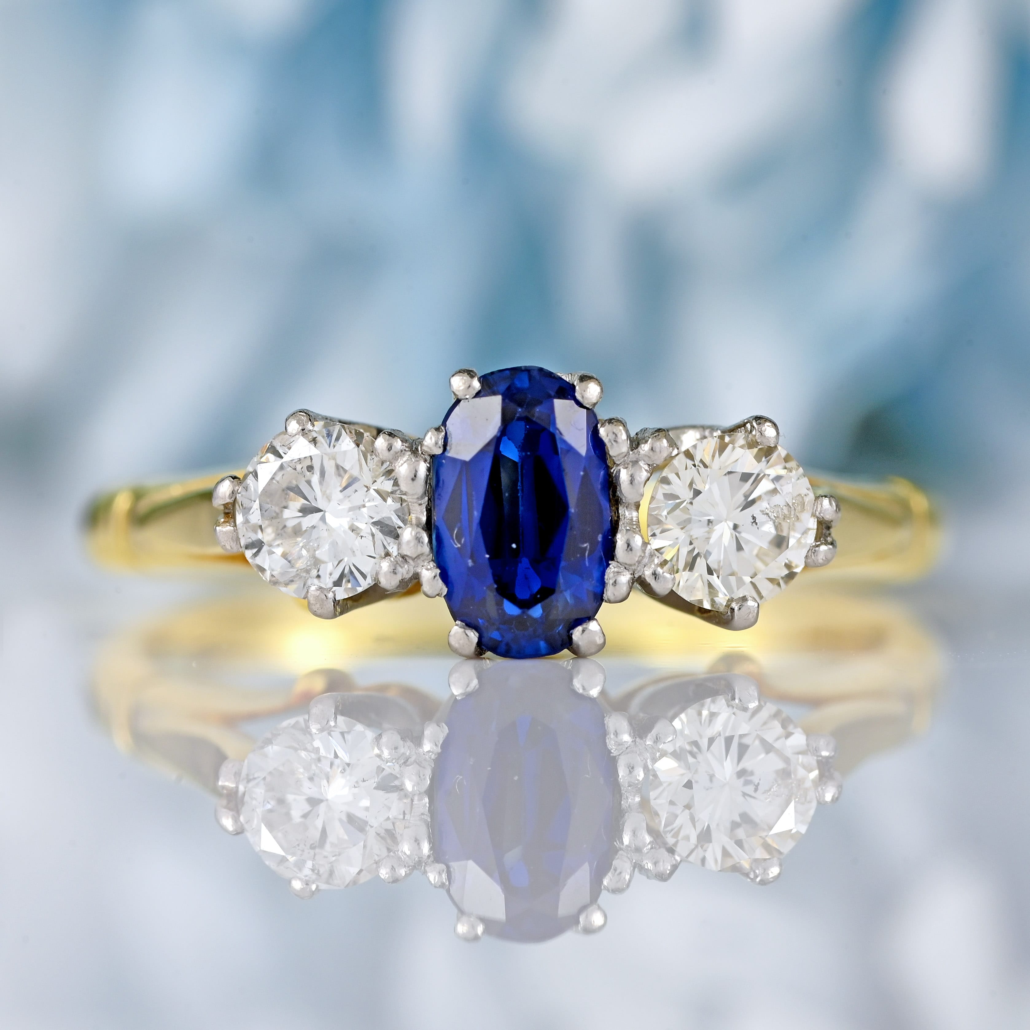 Ellibelle Jewellery Vintage 1981 Sapphire & Diamond 18ct Gold Three-Stone Ring (0.70cts)