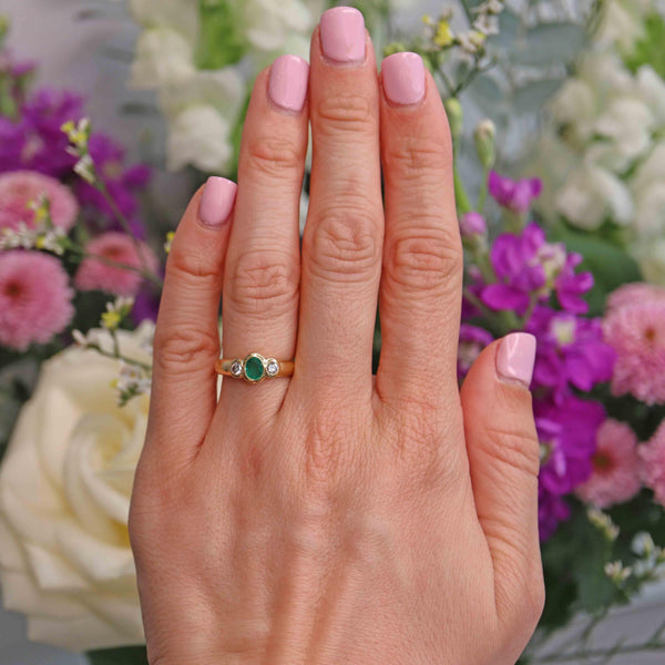 Ellibelle Jewellery Vintage 1982 Emerald & Diamond Three-Stone Bezel Ring