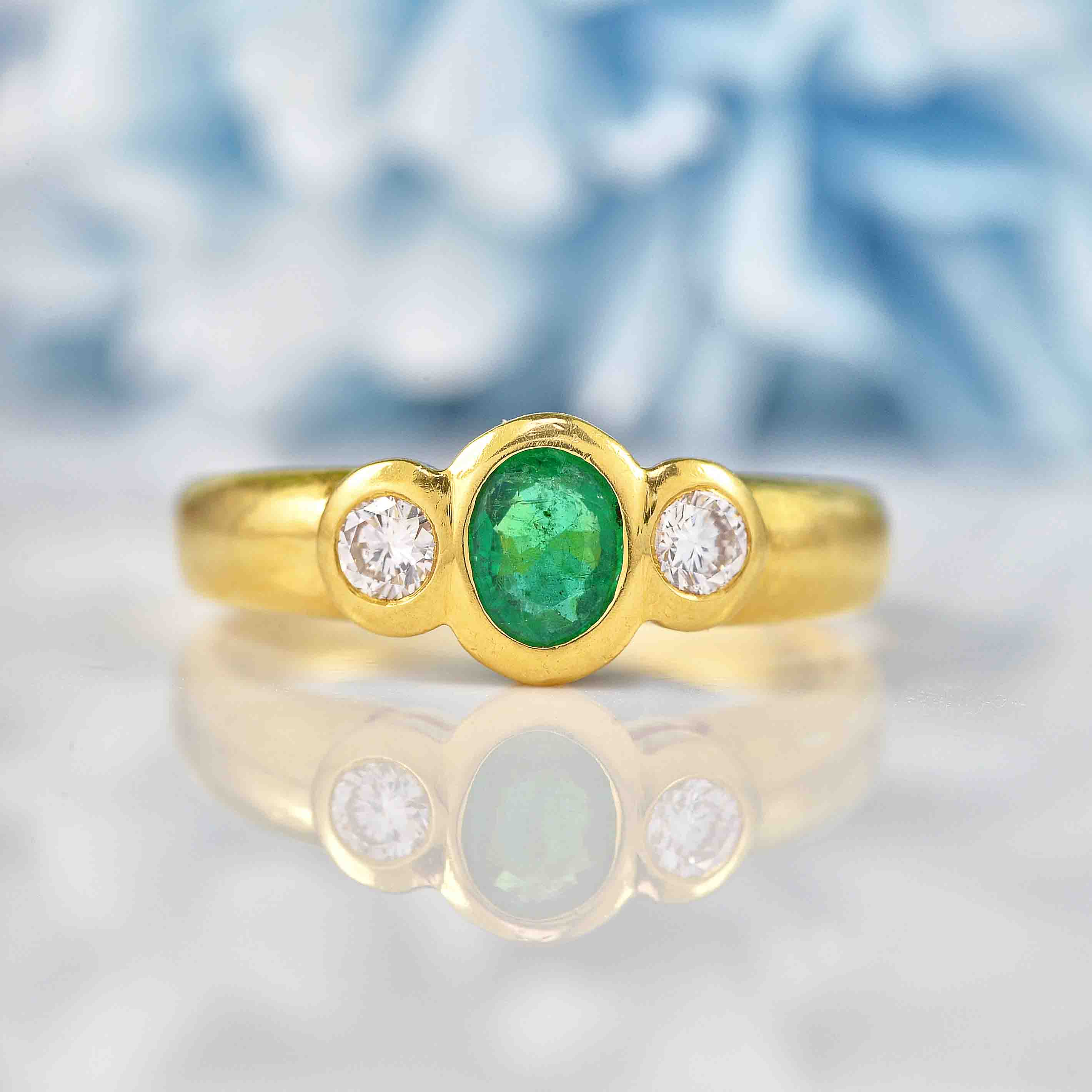 Ellibelle Jewellery Vintage 1982 Emerald & Diamond Three-Stone Bezel Ring