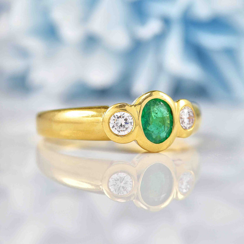 Ellibelle Jewellery Vintage 1982 Emerald & Diamond Three-Stone Bezel Ring