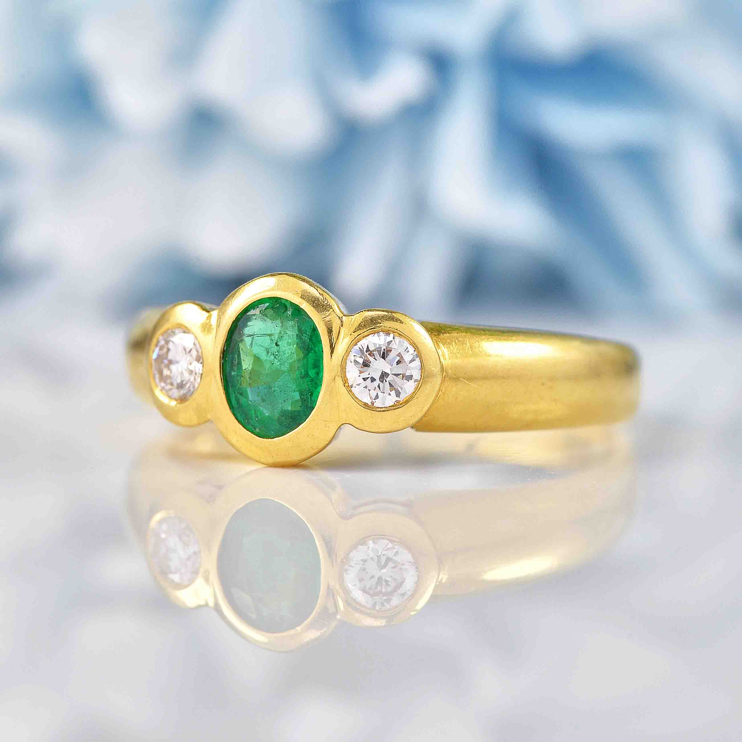 Ellibelle Jewellery Vintage 1982 Emerald & Diamond Three-Stone Bezel Ring