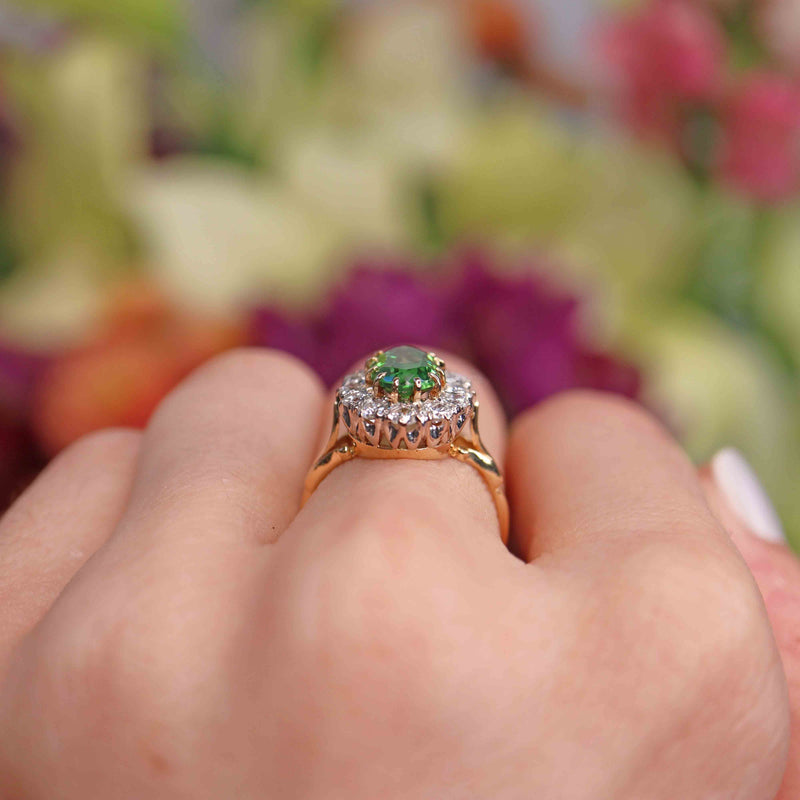 Ellibelle Jewellery Vintage 1982 Green Tourmaline & Diamond 18ct Gold Cluster Ring