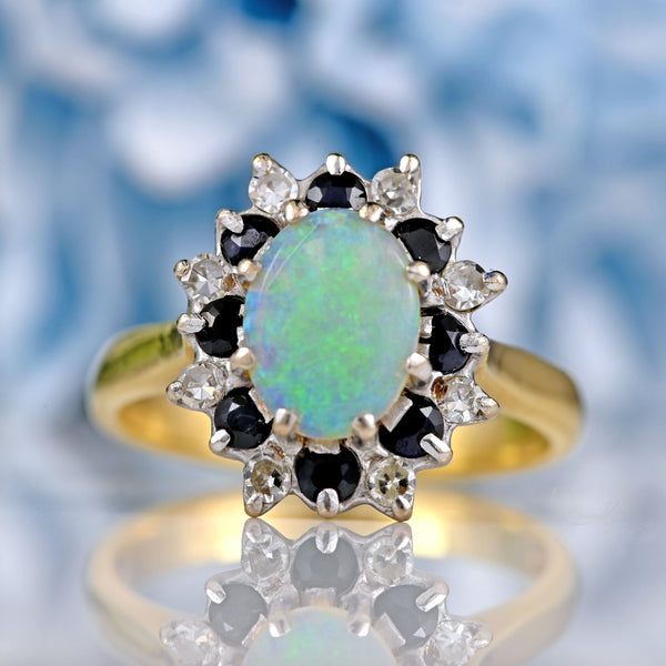 Ellibelle Jewellery Vintage 1982 Opal, Sapphire & Diamond 18ct Gold Cluster Ring