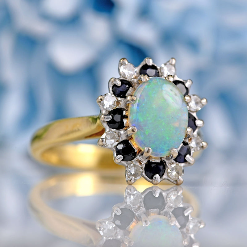 Ellibelle Jewellery Vintage 1982 Opal, Sapphire & Diamond 18ct Gold Cluster Ring