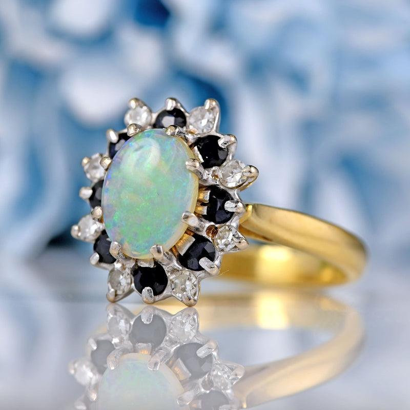 Ellibelle Jewellery Vintage 1982 Opal, Sapphire & Diamond 18ct Gold Cluster Ring