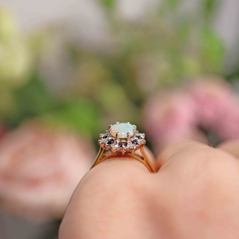 Ellibelle Jewellery Vintage 1982 Opal, Sapphire & Diamond 18ct Gold Cluster Ring