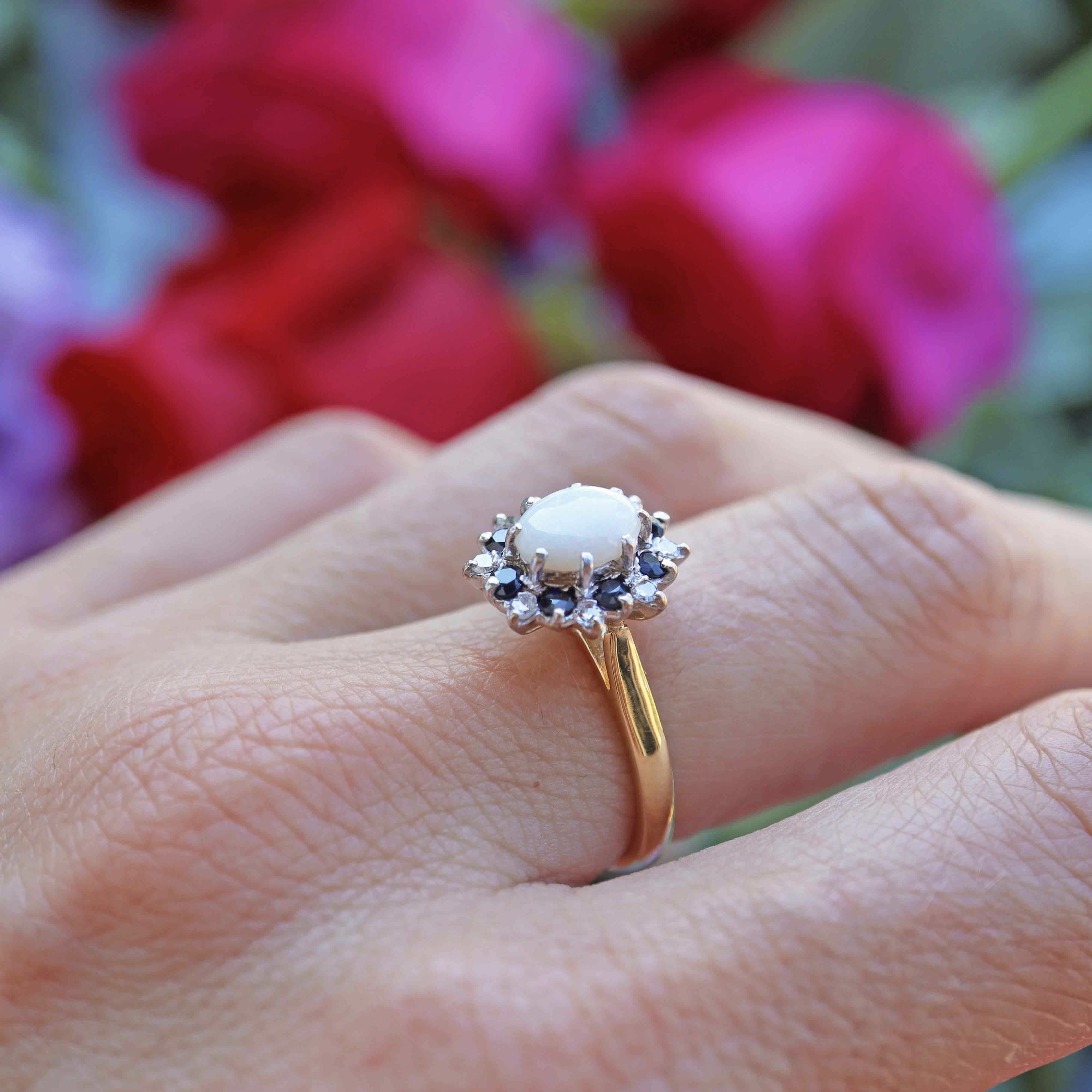 Ellibelle Jewellery Vintage 1982 Opal, Sapphire & Diamond 18ct Gold Cluster Ring