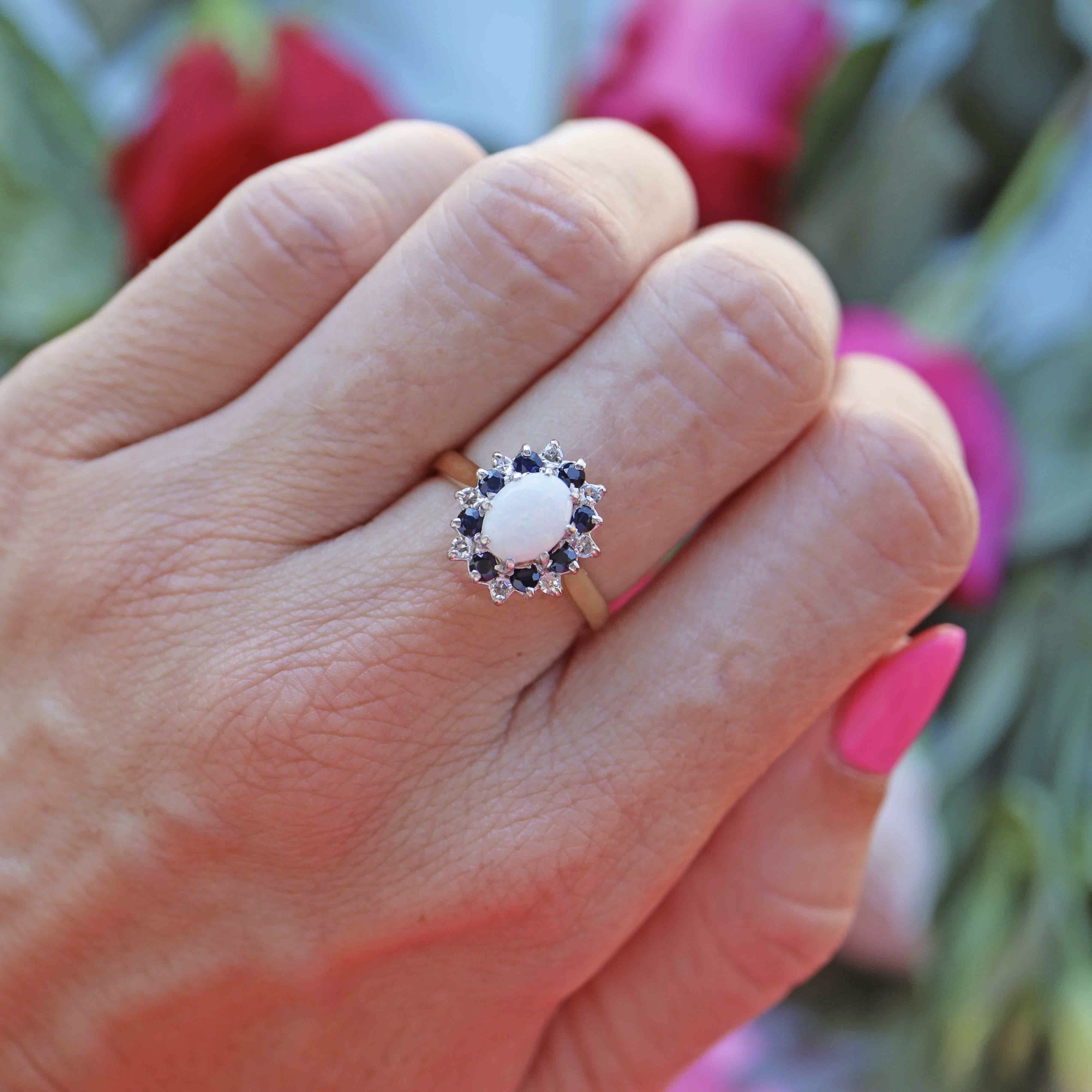 Ellibelle Jewellery Vintage 1982 Opal, Sapphire & Diamond 18ct Gold Cluster Ring