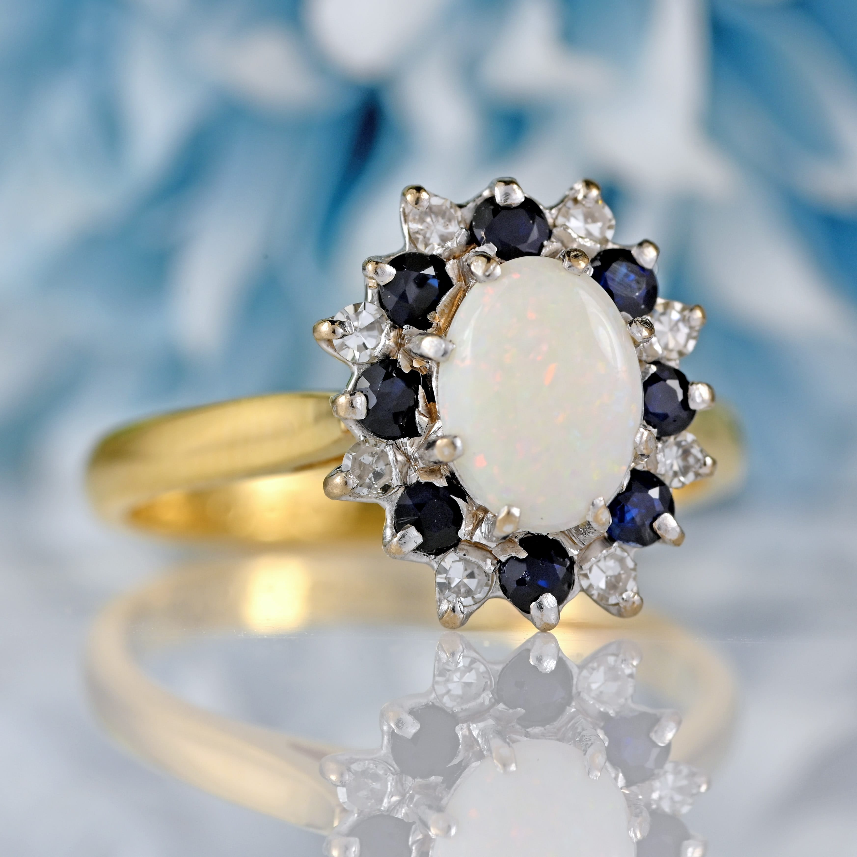 Ellibelle Jewellery Vintage 1982 Opal, Sapphire & Diamond 18ct Gold Cluster Ring