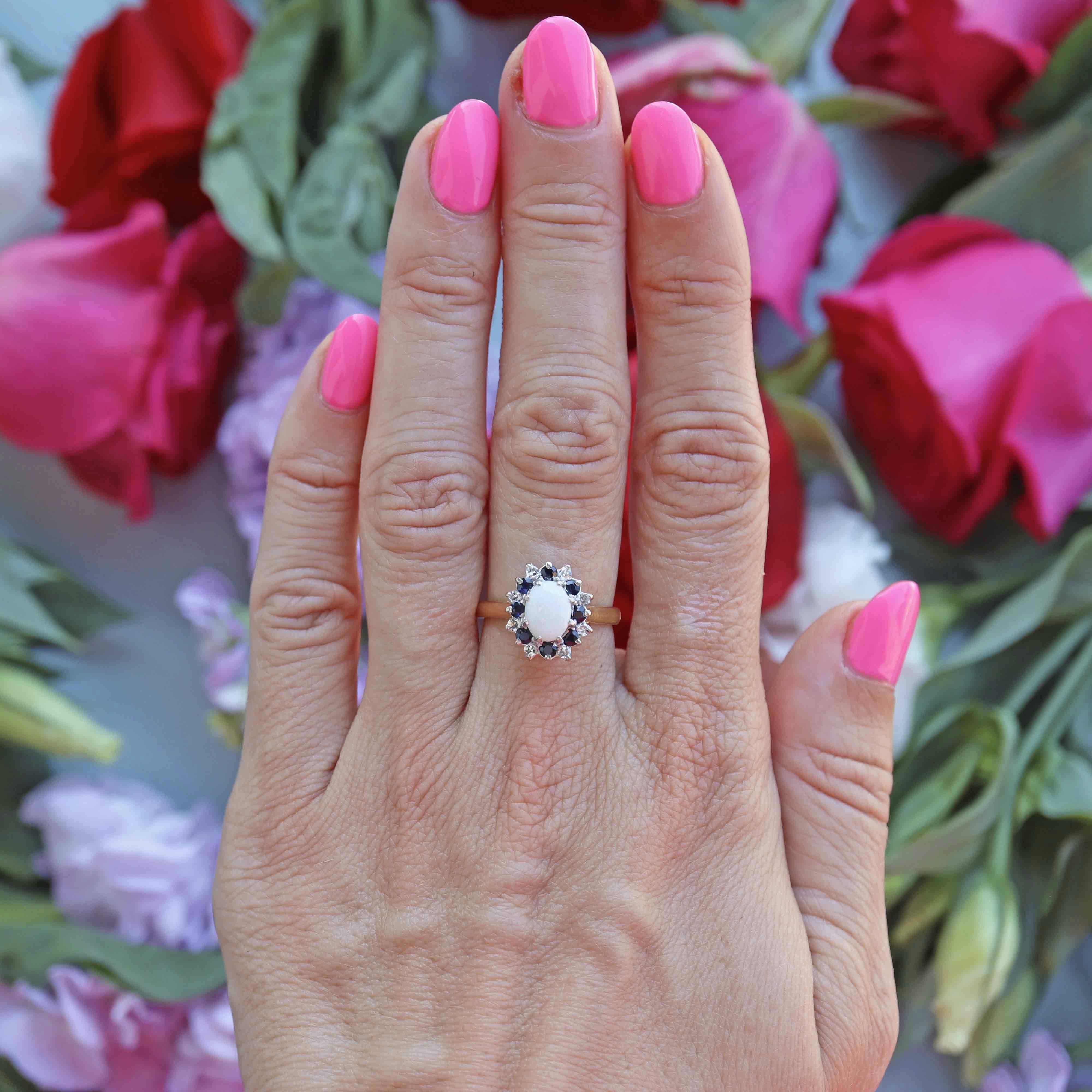 Ellibelle Jewellery Vintage 1982 Opal, Sapphire & Diamond 18ct Gold Cluster Ring