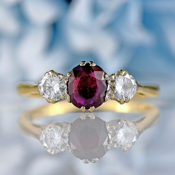 Ellibelle Jewellery Vintage 1982 Ruby & Diamond 18ct Gold Three-Stone Engagement Ring