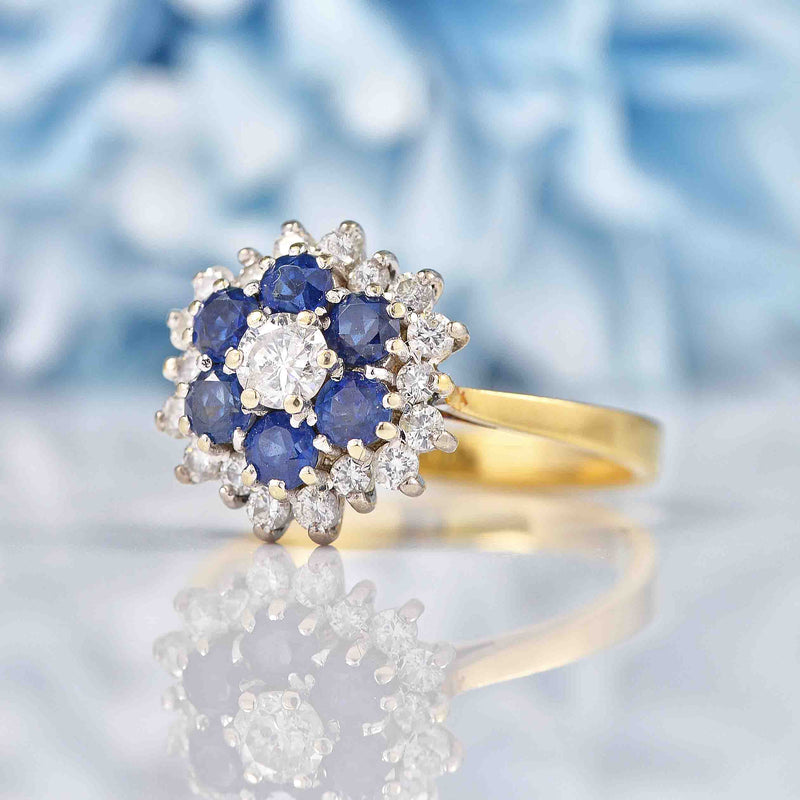 Ellibelle Jewellery Vintage 1982 Sapphire & Diamond 18ct Gold Cluster Ring