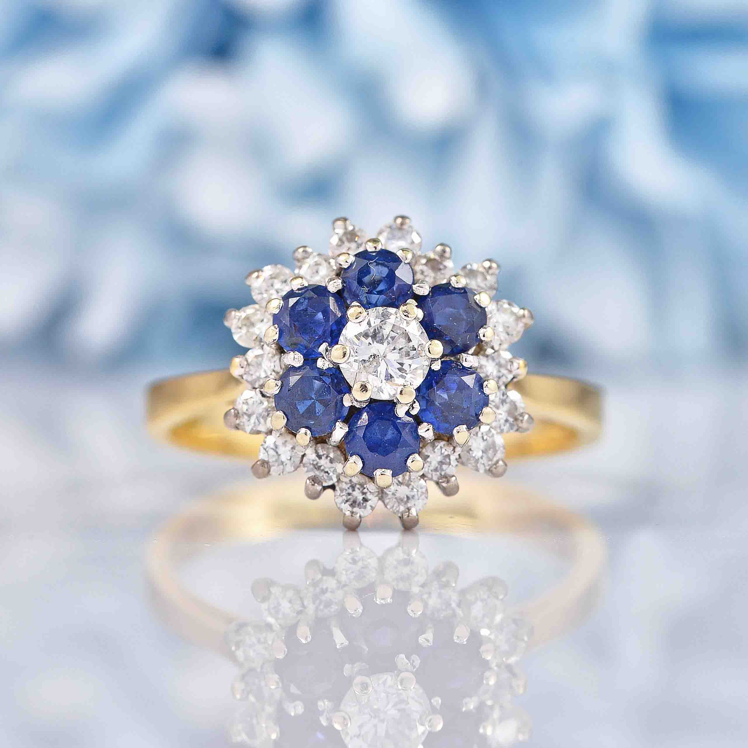 Ellibelle Jewellery Vintage 1982 Sapphire & Diamond 18ct Gold Cluster Ring