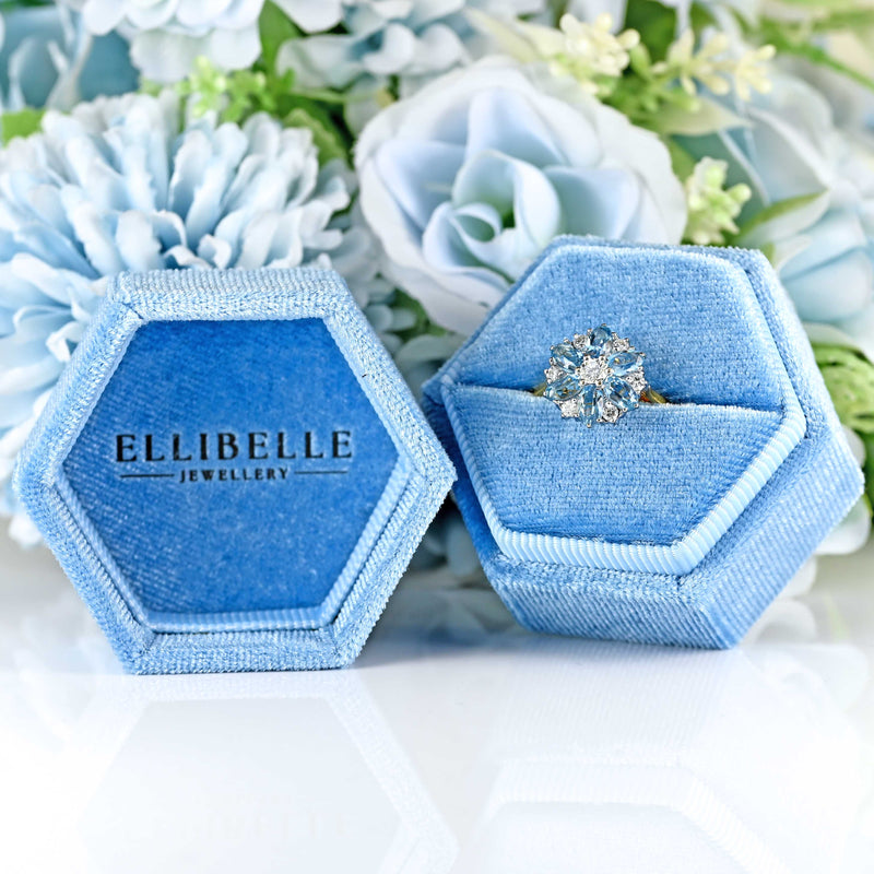 Ellibelle Jewellery Vintage 1983 Aquamarine & Diamond 18ct Gold Floral Cluster Ring