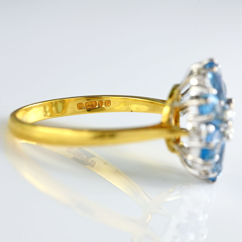Ellibelle Jewellery Vintage 1983 Aquamarine & Diamond 18ct Gold Floral Cluster Ring