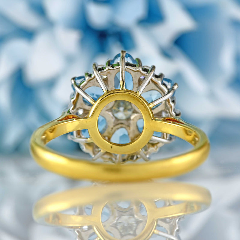 Ellibelle Jewellery Vintage 1983 Aquamarine & Diamond 18ct Gold Floral Cluster Ring