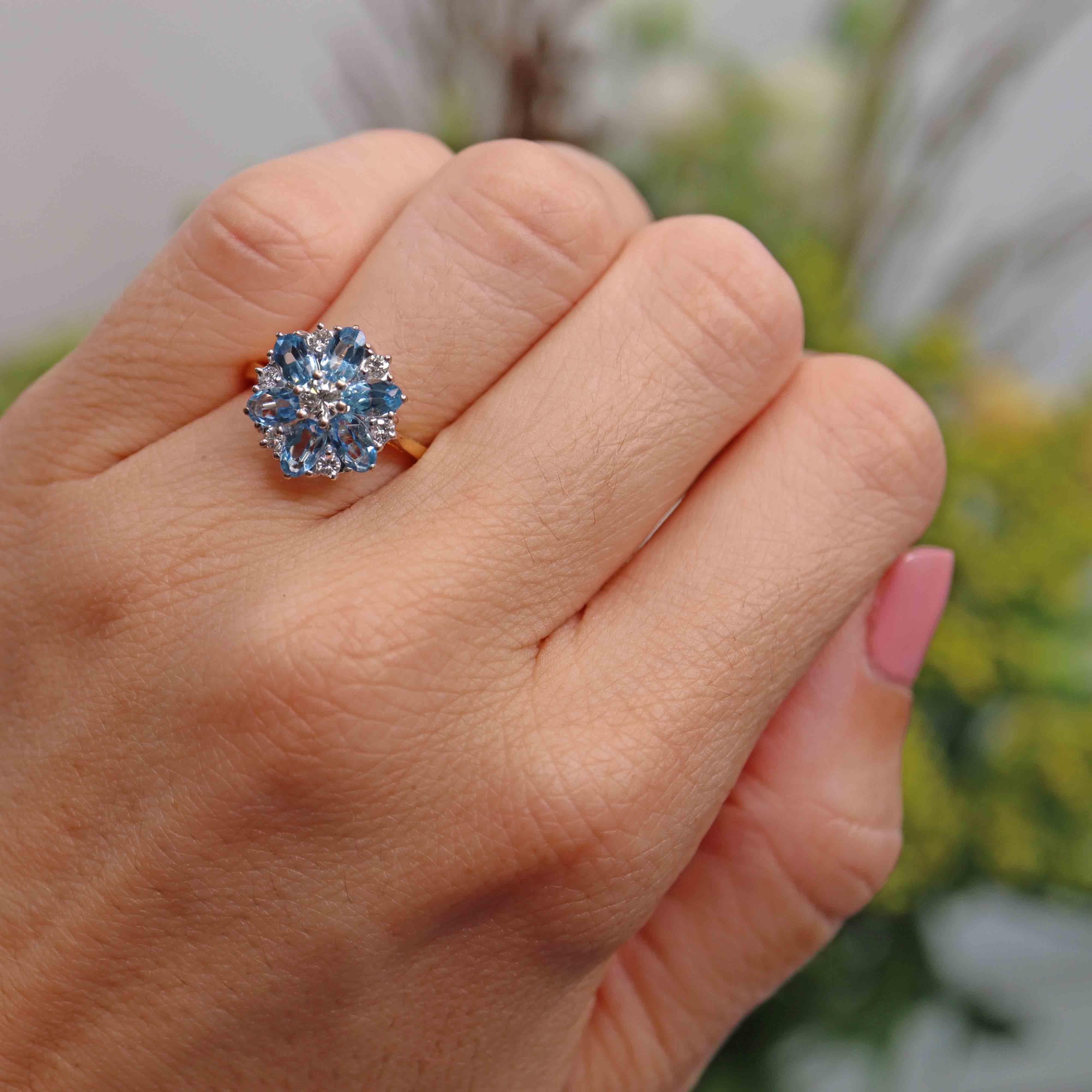 Ellibelle Jewellery Vintage 1983 Aquamarine & Diamond 18ct Gold Floral Cluster Ring