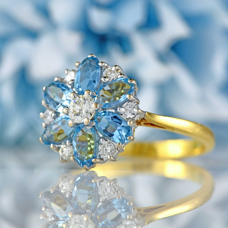 Ellibelle Jewellery Vintage 1983 Aquamarine & Diamond 18ct Gold Floral Cluster Ring
