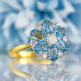 Ellibelle Jewellery Vintage 1983 Aquamarine & Diamond 18ct Gold Floral Cluster Ring