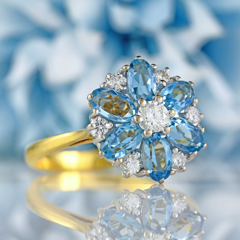 Ellibelle Jewellery Vintage 1983 Aquamarine & Diamond 18ct Gold Floral Cluster Ring