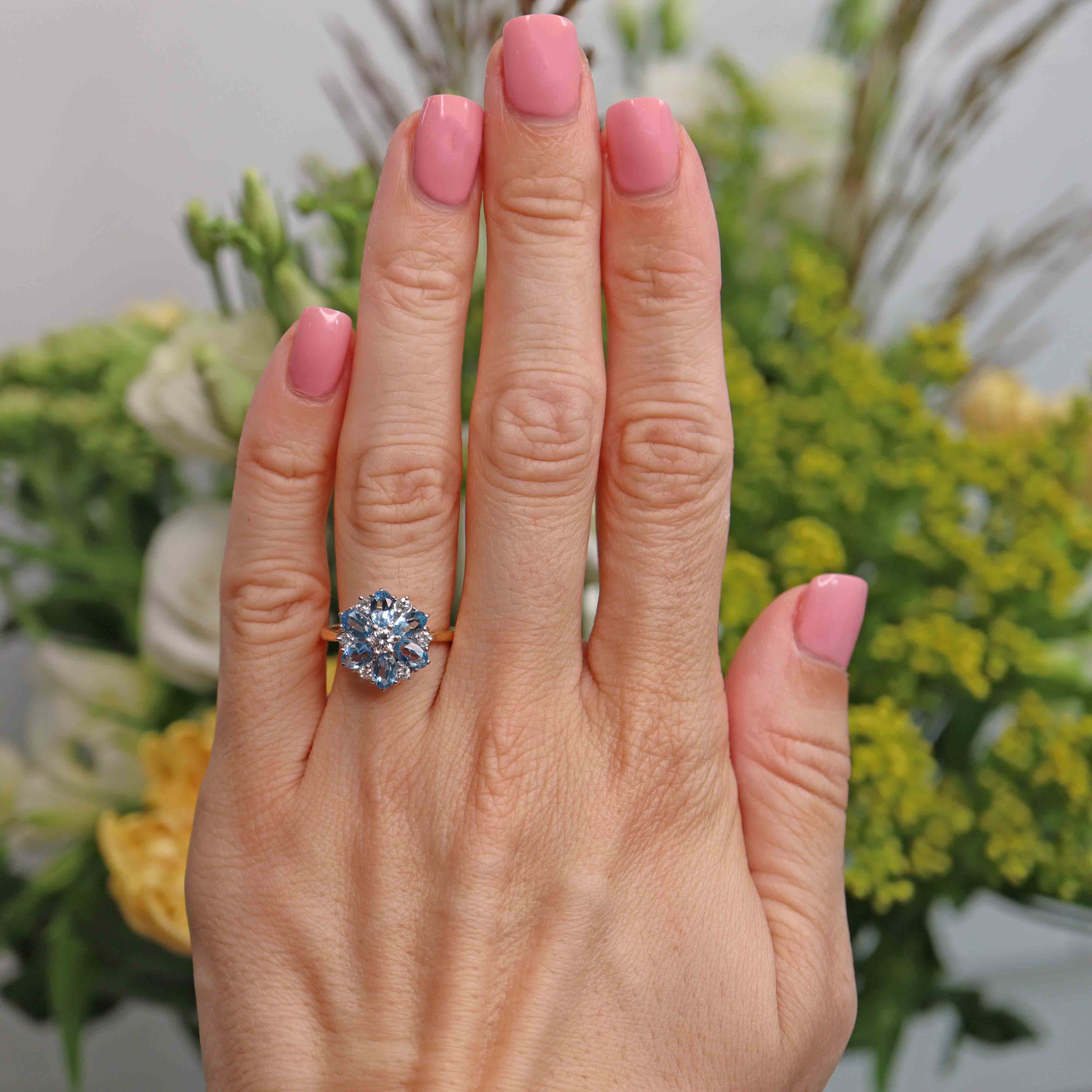 Ellibelle Jewellery Vintage 1983 Aquamarine & Diamond 18ct Gold Floral Cluster Ring