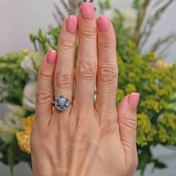 Ellibelle Jewellery Vintage 1983 Aquamarine & Diamond 18ct Gold Floral Cluster Ring