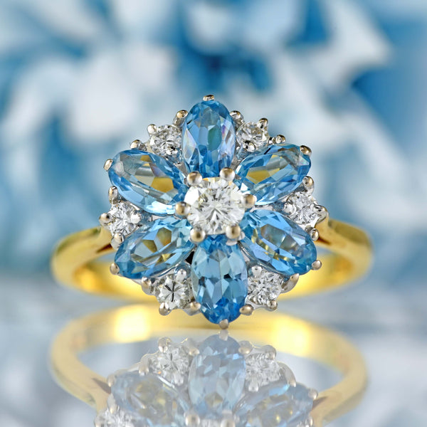 Ellibelle Jewellery Vintage 1983 Aquamarine & Diamond 18ct Gold Floral Cluster Ring