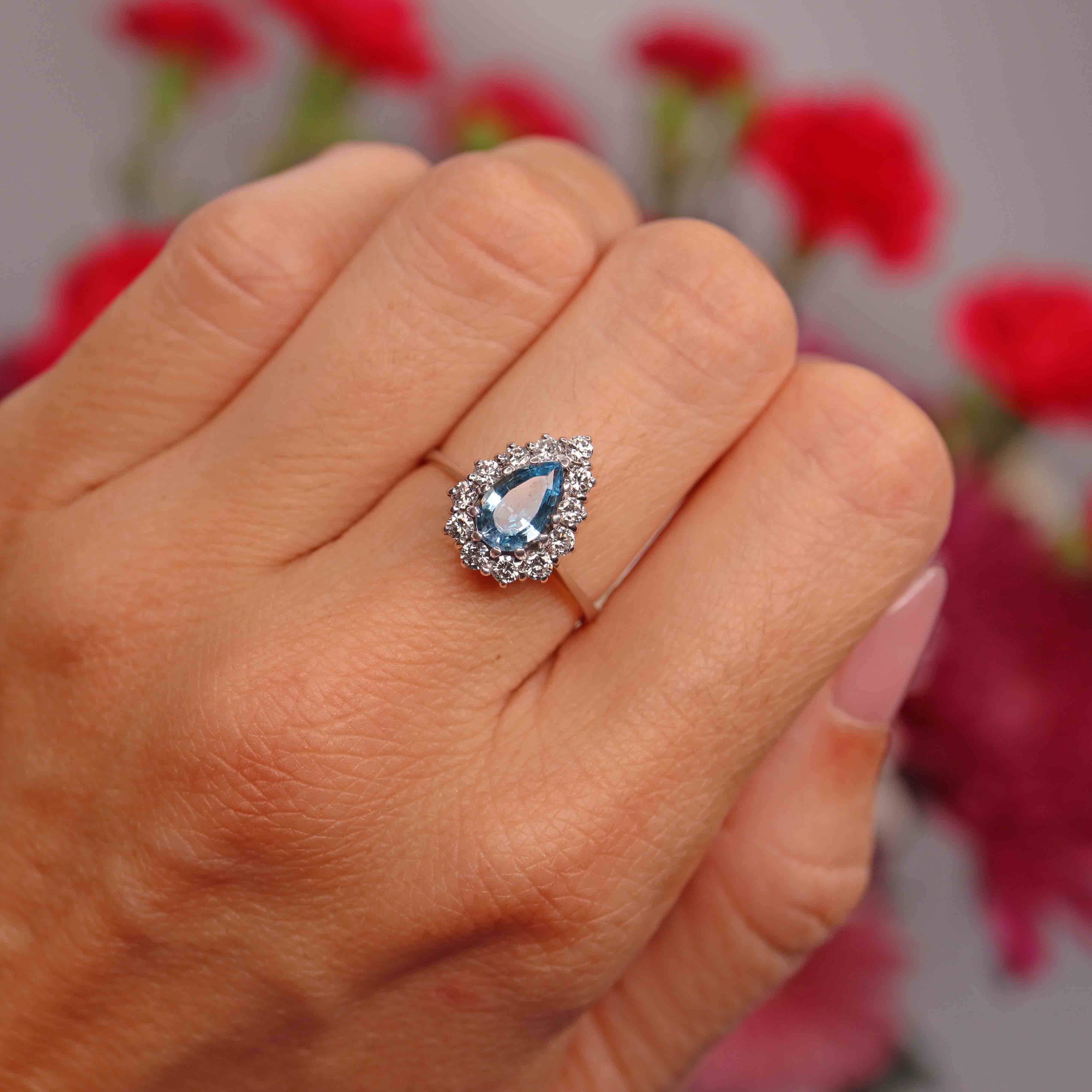 Ellibelle Jewellery Vintage 1983 Aquamarine & Diamond 18ct White Gold Pear-Shaped Cluster Ring