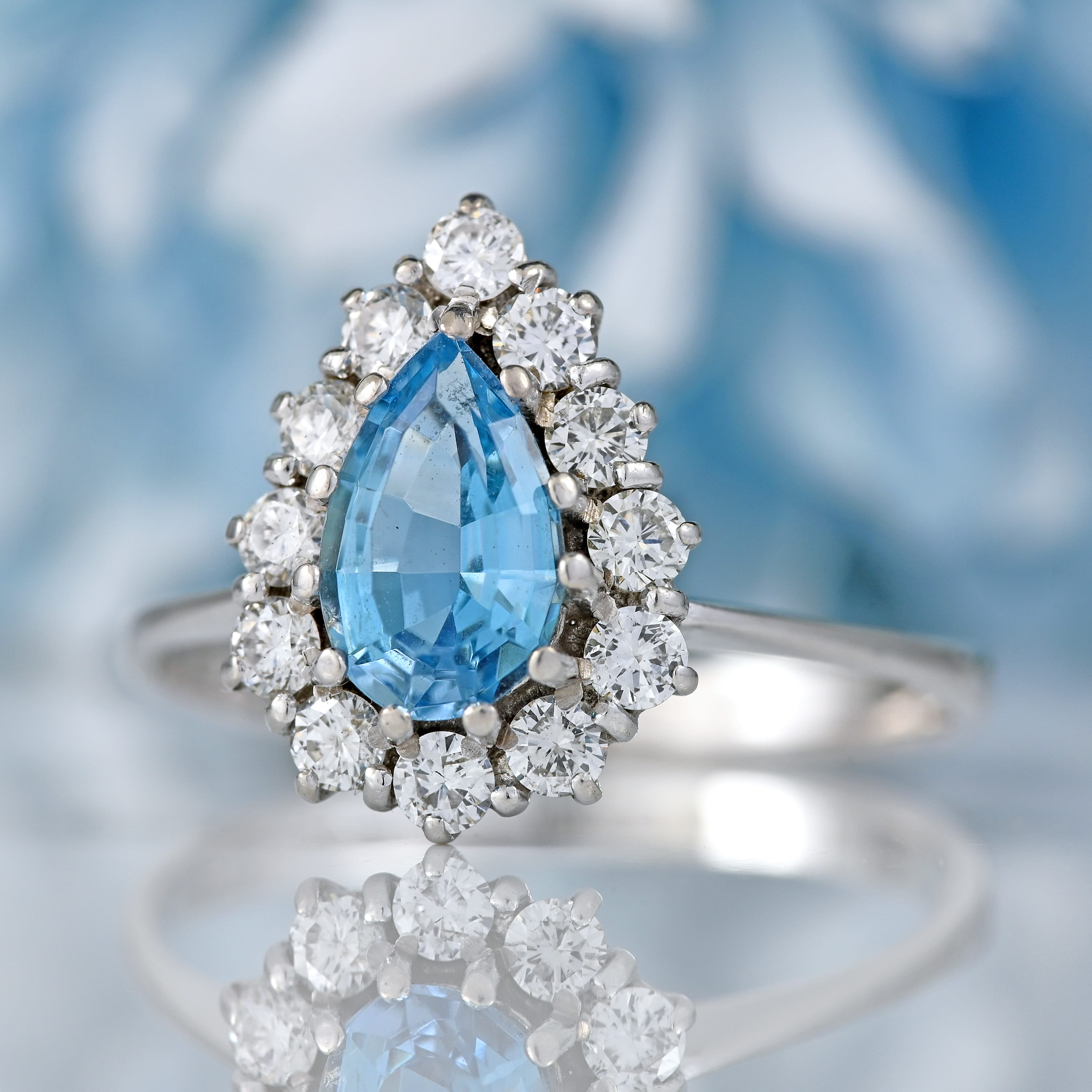 Ellibelle Jewellery Vintage 1983 Aquamarine & Diamond 18ct White Gold Pear-Shaped Cluster Ring